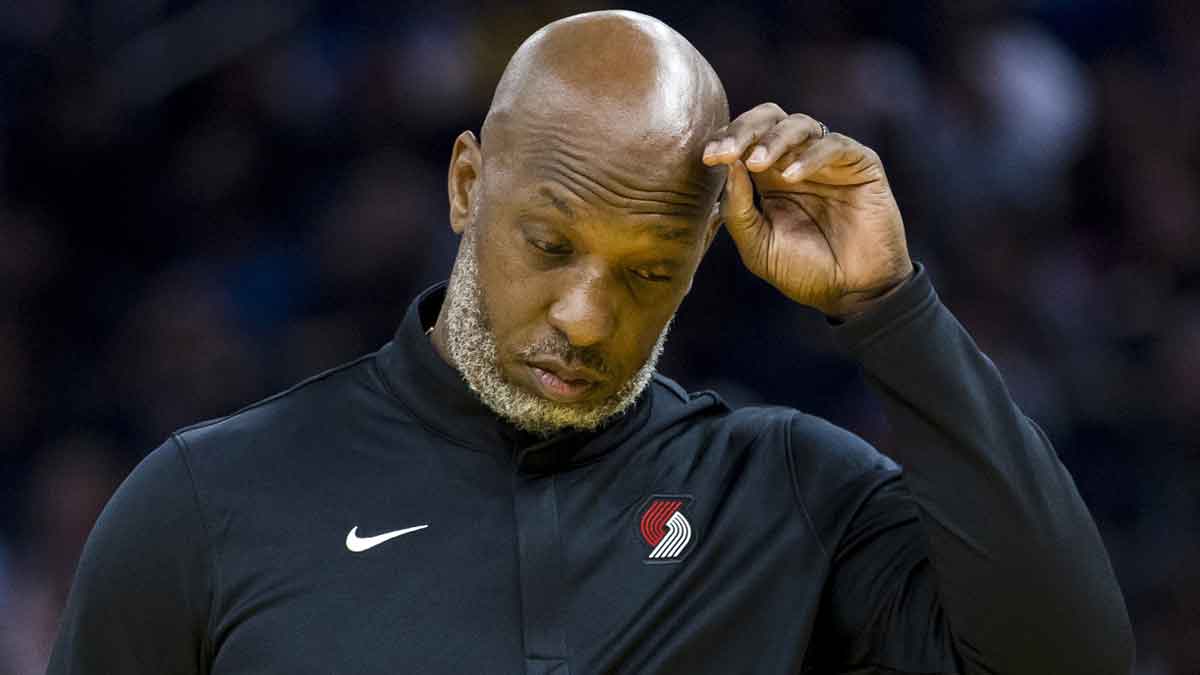 Blazers Head Coach Chauncey Billups reacts during a time-out in the second quarter against the Golden State Warriors at Chase Center