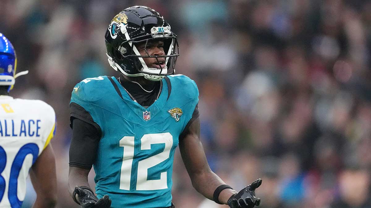 Jacksonville Jaguars wide receiver Travis Hunter (12) reacts after a play against the Los Angeles Rams during the second half of an NFL International Series game at Wembley Stadium.