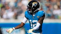 Jacksonville Jaguars wide receiver Travis Hunter (12) looks to the sideline during the fourth quarter of an NFL football matchup, Sunday, Oct. 12, 2025, at EverBank Stadium in Jacksonville, Fla. The Seahawks defeated the Jaguars 20-12