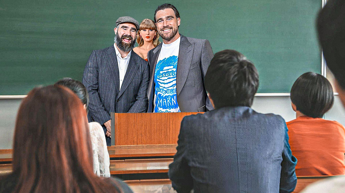 Jason and Travis Kelce with high school classroom background with Taylor Swift, who just released her new album The Life of a Showgirl, in the middle of them.