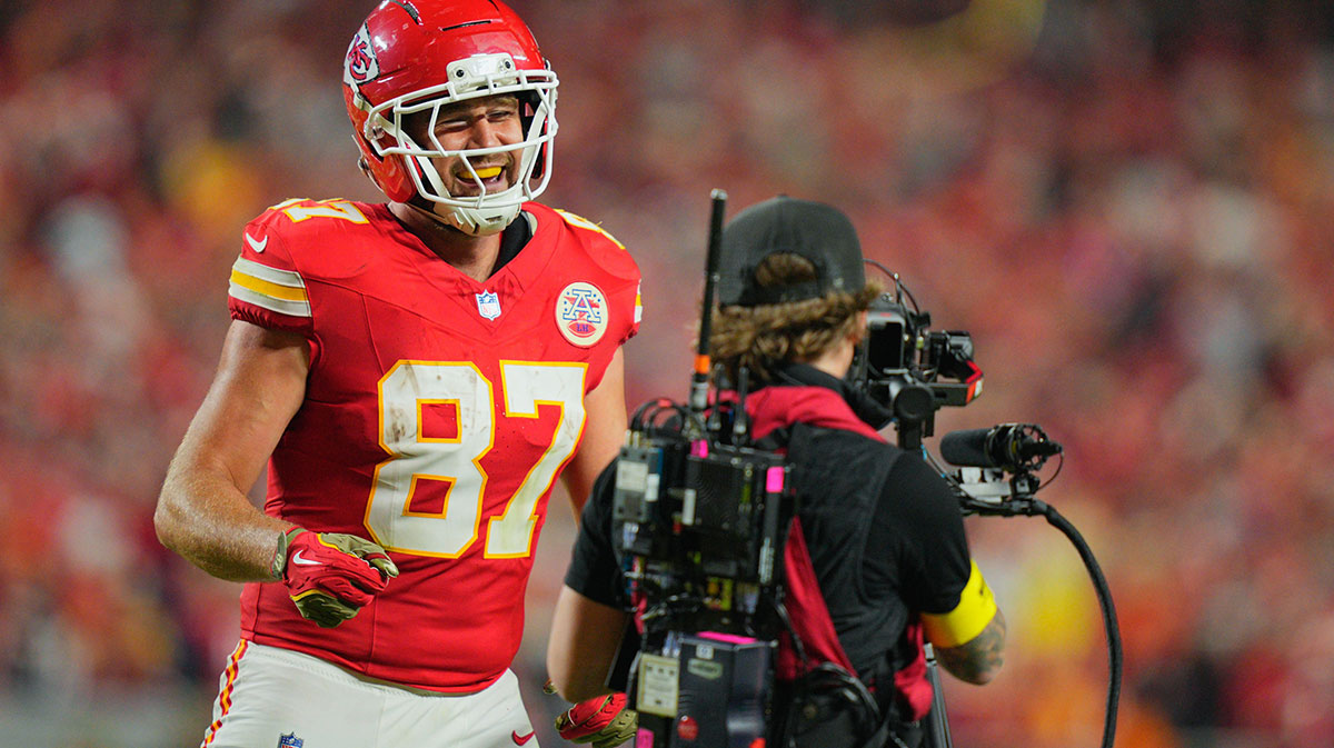 Kansas City Chiefs tight end Travis Kelce after scoring a touchdown against the Washington Commanders.