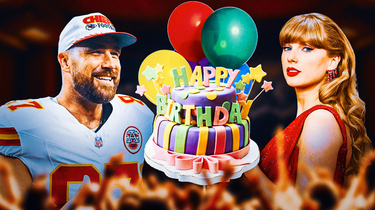 Travis Kelce and Taylor Swift, who released The Official Release Party of a Showgirl movie, with birthday cake in between them.