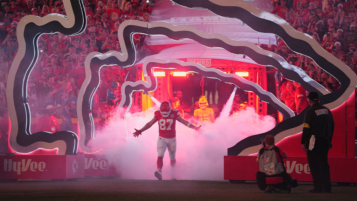 Kansas City Chiefs tight end Travis Kelce (87) takes the field against the Detroit Lions before the game at GEHA Field at Arrowhead Stadium.