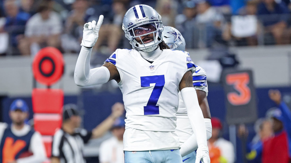 Dallas Cowboys cornerback Trevon Diggs (7) reacts during the first quarter against the Detroit Lions at AT&T Stadium.