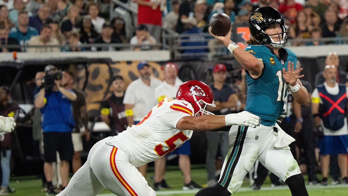 Kansas City Chiefs defensive end George Karlaftis (56) pressures Jacksonville Jaguars quarterback Trevor Lawrence (16) in the second quarter during a Monday Night NFL football game at EverBank Stadium, Monday, Oct. 6, 2025, in Jacksonville, Fla. [Doug EngleFlorida Times-Union]