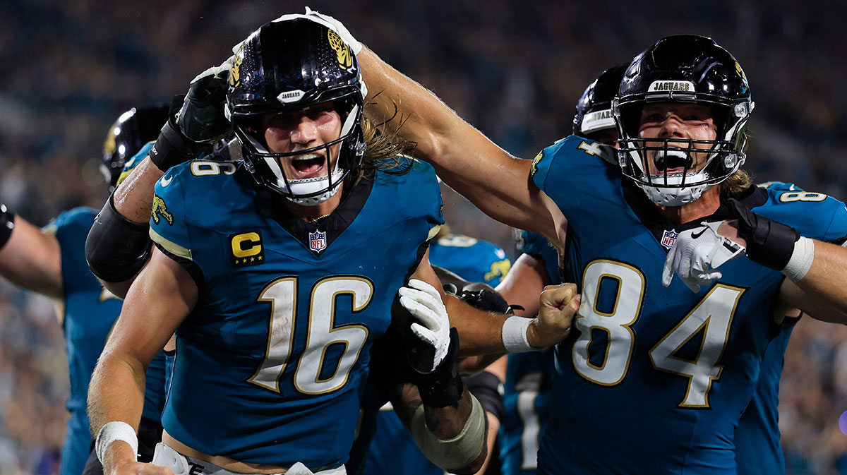 Jacksonville Jaguars quarterback Trevor Lawrence after scoring his go-ahead touchdown against the Kansas City Chiefs on Monday Night Football.