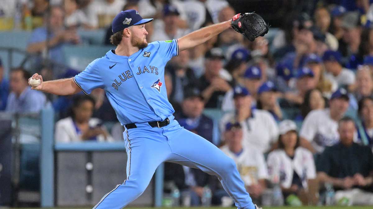 Toronto Blue Jays pitcher Trey Yesavage (39) pitches against the Los Angeles Dodgers in the seventh inning during game five of the 2025 MLB World Series at Dodger Stadium.