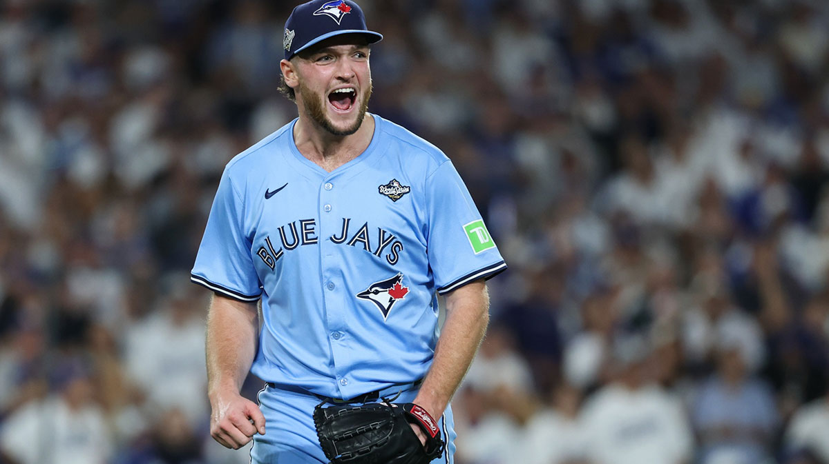 Toronto Blue Jays pitcher Trey Yesavage (39) celebrates after a double play during the seventh inning against the Los Angeles Dodgers during game five of the 2025 MLB World Series at Dodger Stadium.