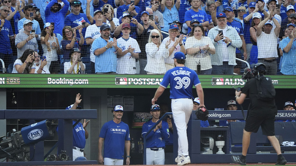 Toronto Blue Jays pitcher Trey Yesavage (39) is relieved in the sixth inning against the New York Yankees during game two of the ALDS round for the 2025 MLB playoffs at Rogers Centre.