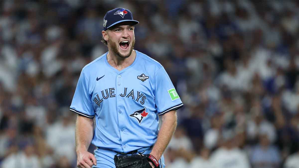 Toronto Blue Jays pitcher Trey Yesavage (39) celebrates after a double play during the seventh inning against the Los Angeles Dodgers during game five of the 2025 MLB World Series at Dodger Stadium.
