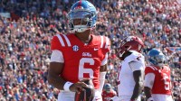 Mississippi Rebels quarterback Trinidad Chambliss (6) reacts after a touchdown during the third quarter against the Washington State Cougars at Vaught-Hemingway Stadium.
