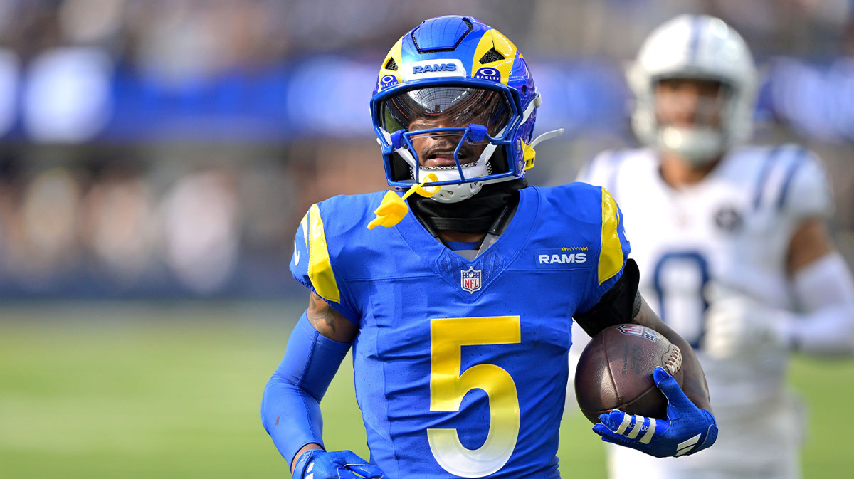 Los Angeles Rams wide receiver Tutu Atwell (5) runs for a touchdown on an 88 yard pass play in the fourth quarter against the Indianapolis Colts at SoFi Stadium.