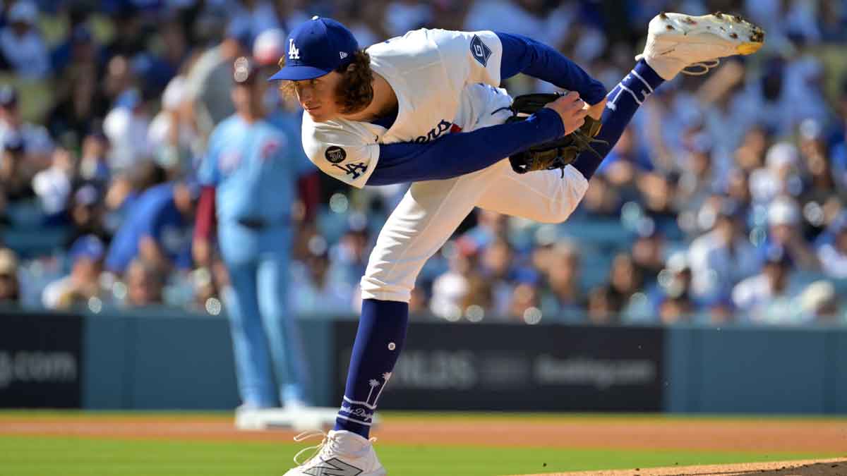 Los Angeles Dodgers pitcher Tyler Glasnow (31) throws in the first inning against the Philadelphia Phillies during game four of the NLDS round for the 2025 MLB playoffs at Dodger Stadium.