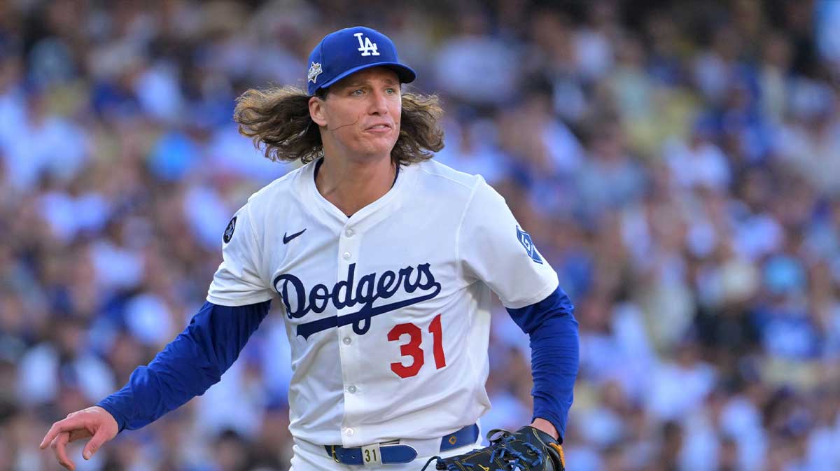 Los Angeles Dodgers pitcher Tyler Glasnow (31) reacts to a call in the fifth inning against the Philadelphia Phillies during game four of the NLDS round for the 2025 MLB playoffs at Dodger Stadium. Mandatory Credit: Jayne Kamin-Oncea-Imagn Images