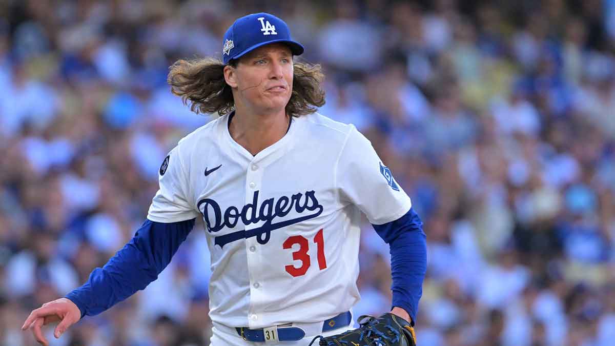 Los Angeles Dodgers pitcher Tyler Glasnow (31) reacts to a call in the fifth inning against the Philadelphia Phillies during game four of the NLDS round for the 2025 MLB playoffs at Dodger Stadium.