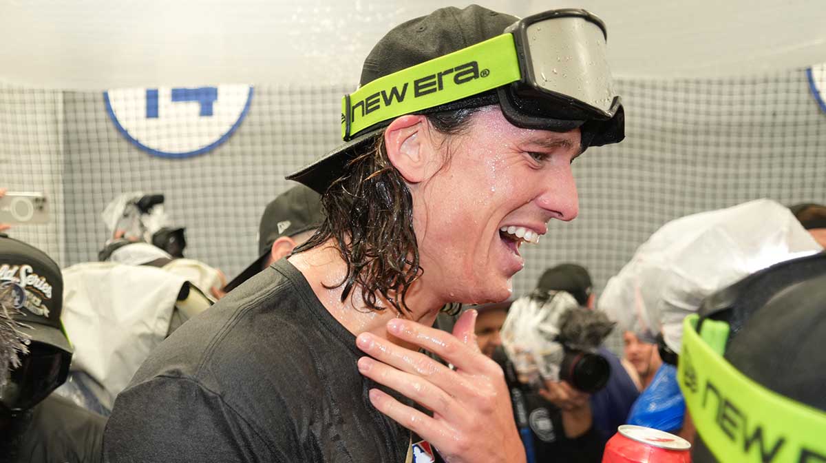 Los Angeles Dodgers pitcher Tyler Glasnow (31) celebrates with teammates in the clubhouse after defeating the Milwaukee Brewers in game four of the NLCS round for the 2025 MLB playoffs at Dodger Stadium.