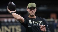 New Orleans Saints quarterback Tyler Shough (6) warms up before a game against the Tampa Bay Buccaneers at Caesars Superdome.