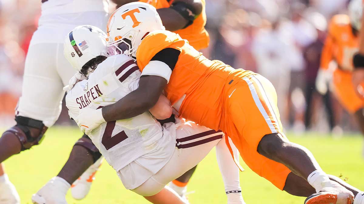 Tennessee defensive lineman Tyre West (42) sacks Mississippi State quarterback Blake Shapen (2) during a college football game between Tennessee and Mississippi State at Davis Wade Stadium in Starkville, Miss., on Sept. 27, 2025.