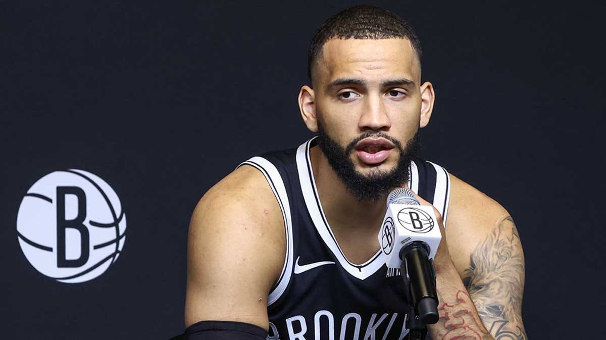Brooklyn Nets guard Tyrese Martin (13) speaks at Media Day.