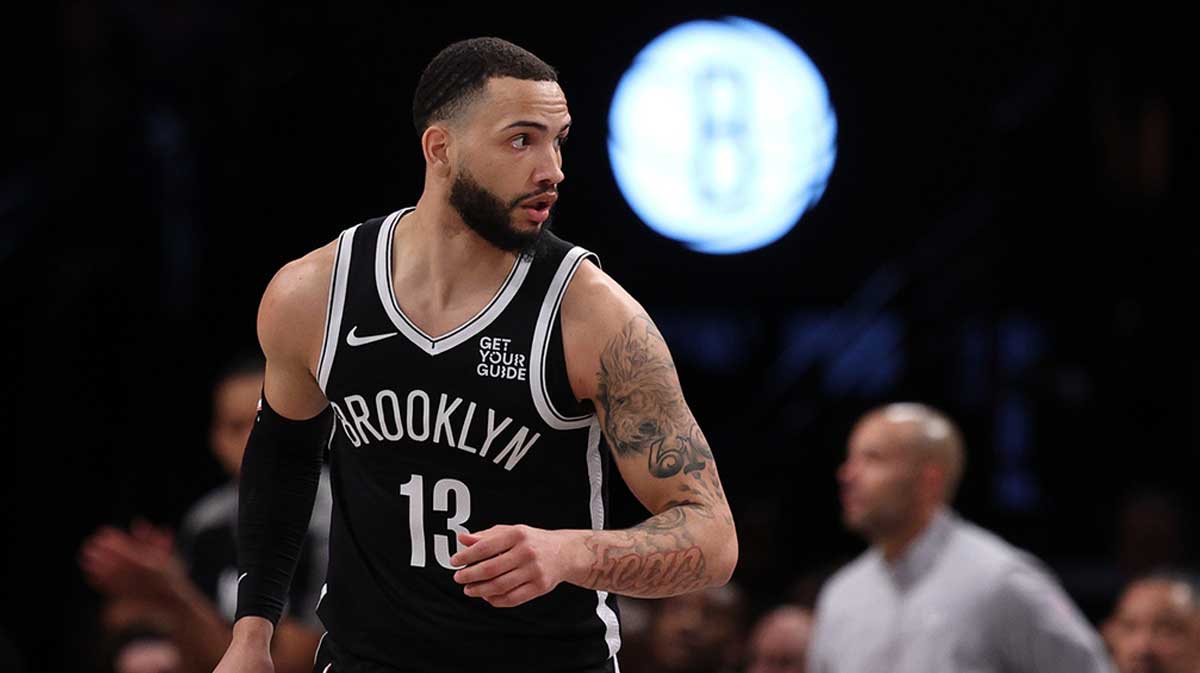 Brooklyn Nets guard Tyrese Martin (13) reacts after a basket against the New York Knicks during the first half at Barclays Center.