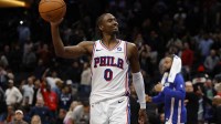 Philadelphia 76ers guard Tyrese Maxey (0) celebrates after the final horn against the Washington Wizards at Capital One Arena.