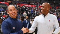 LOS ANGELES, CA - OCTOBER 25: Head Coach Chauncey Billups of the Portland Trail Blazers high fives Head Coach Tyronn Lue of the LA Clippers after the game on October 25, 2021 at STAPLES Center in Los Angeles, California.