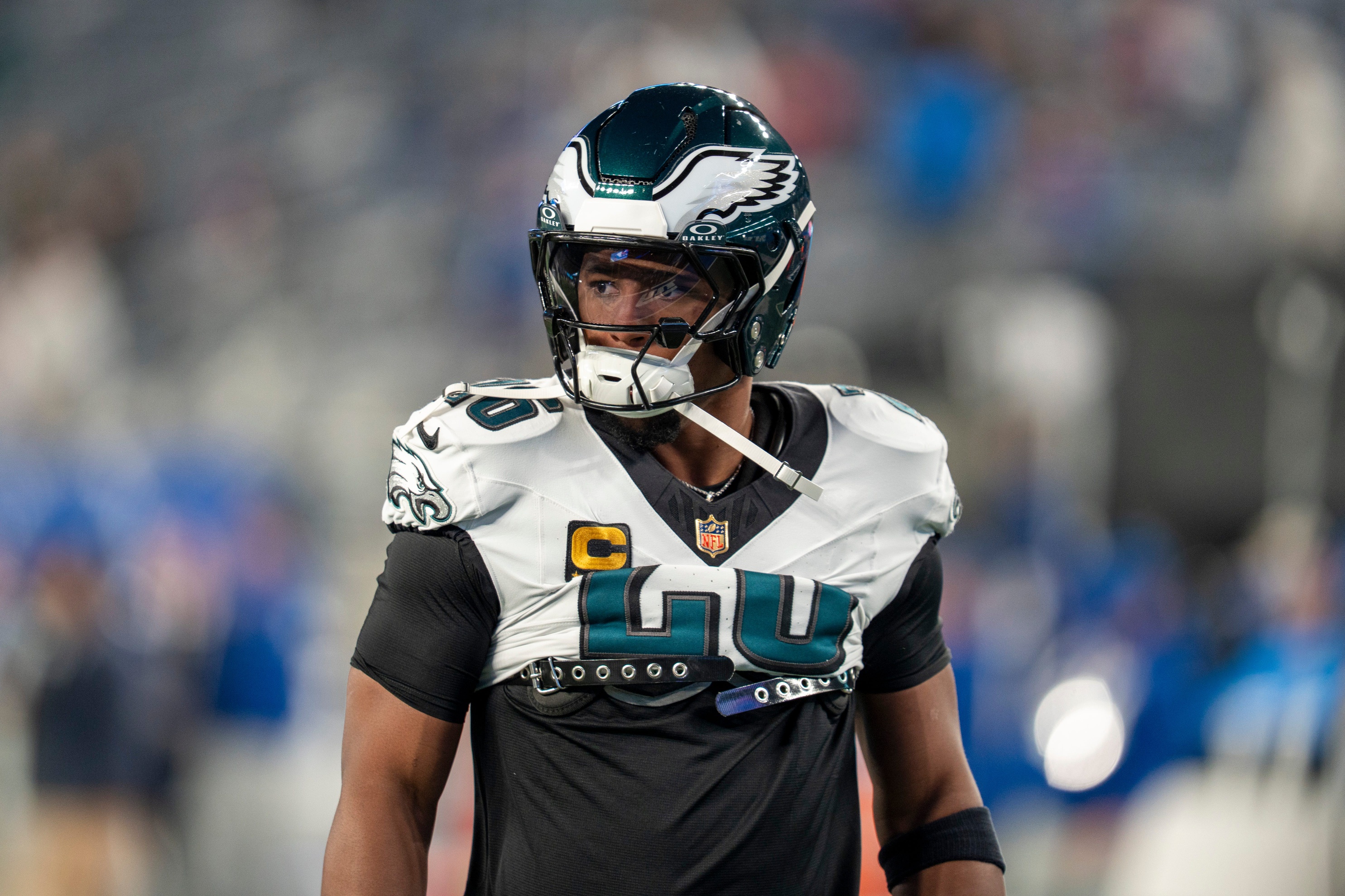 Philadelphia Eagles running back Saquon Barkley (26) warms up during a Thursday Night Football game between the New York Giants and the Philadelphia Eagles at MetLife Stadium in East Rutherford on Oct. 9, 2025.