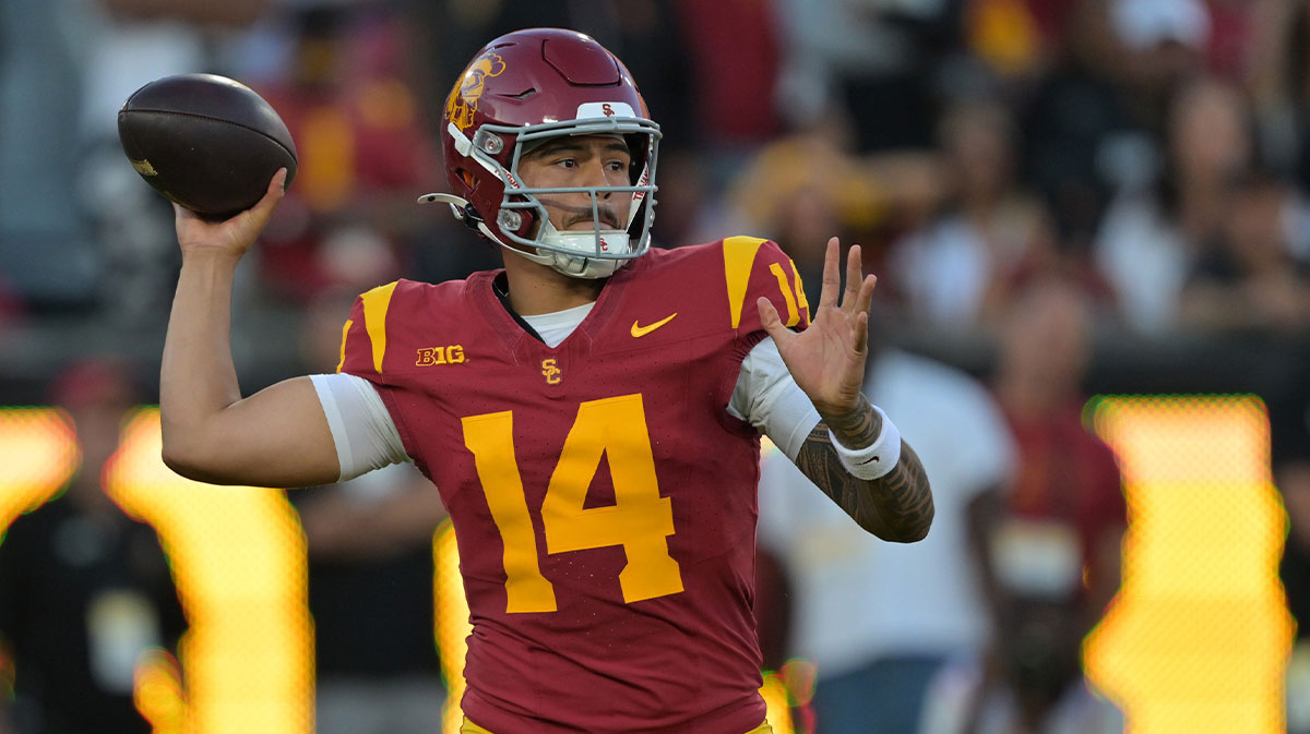 USC Trojans quarterback Jayden Maiava (14) throws a pass in the first half against the Michigan Wolverines at United Airlines Field at the Los Angeles Memorial Coliseum.
