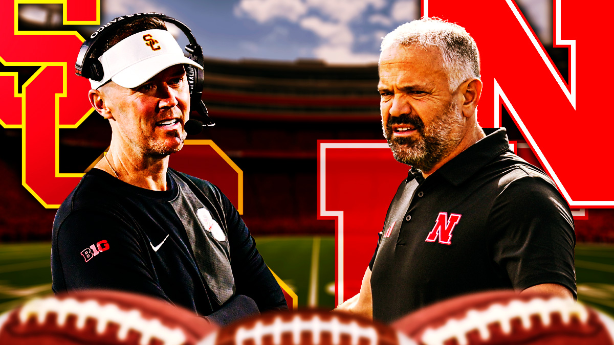 USC head coach Lincoln Riley (left) and Nebraska head coach Matt Rhule (right). USC Trojans and Nebraska Cornhuskers logo in background
