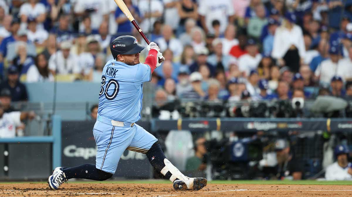 Toronto Blue Jays catcher Alejandro Kirk (30) strikes out during the third inning against the Los Angeles Dodgers during game five of the 2025 MLB World Series at Dodger Stadium.