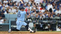 Toronto Blue Jays catcher Alejandro Kirk (30) strikes out during the third inning against the Los Angeles Dodgers during game five of the 2025 MLB World Series at Dodger Stadium.