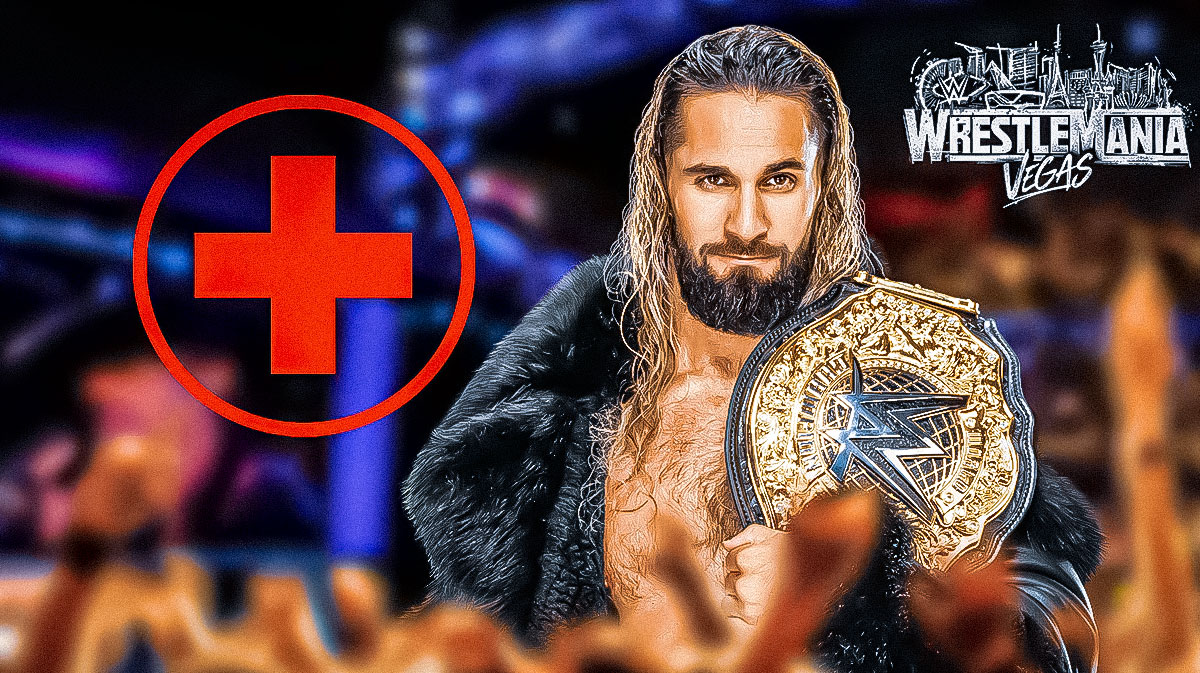 WWE star Seth Rollins, who is dealing with a shoulder injury, and WrestleMania 42 logo.
