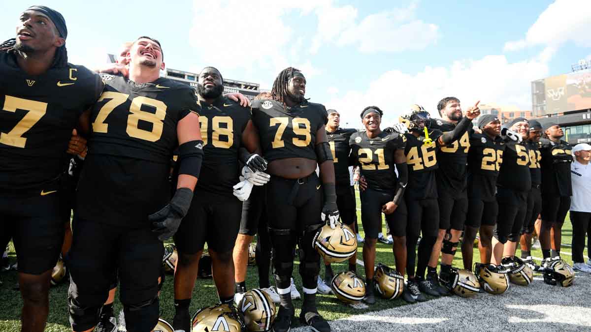 Vanderbilt Commodores celebrate the win against the Louisiana State Tigers during the second half at FirstBank Stadium.