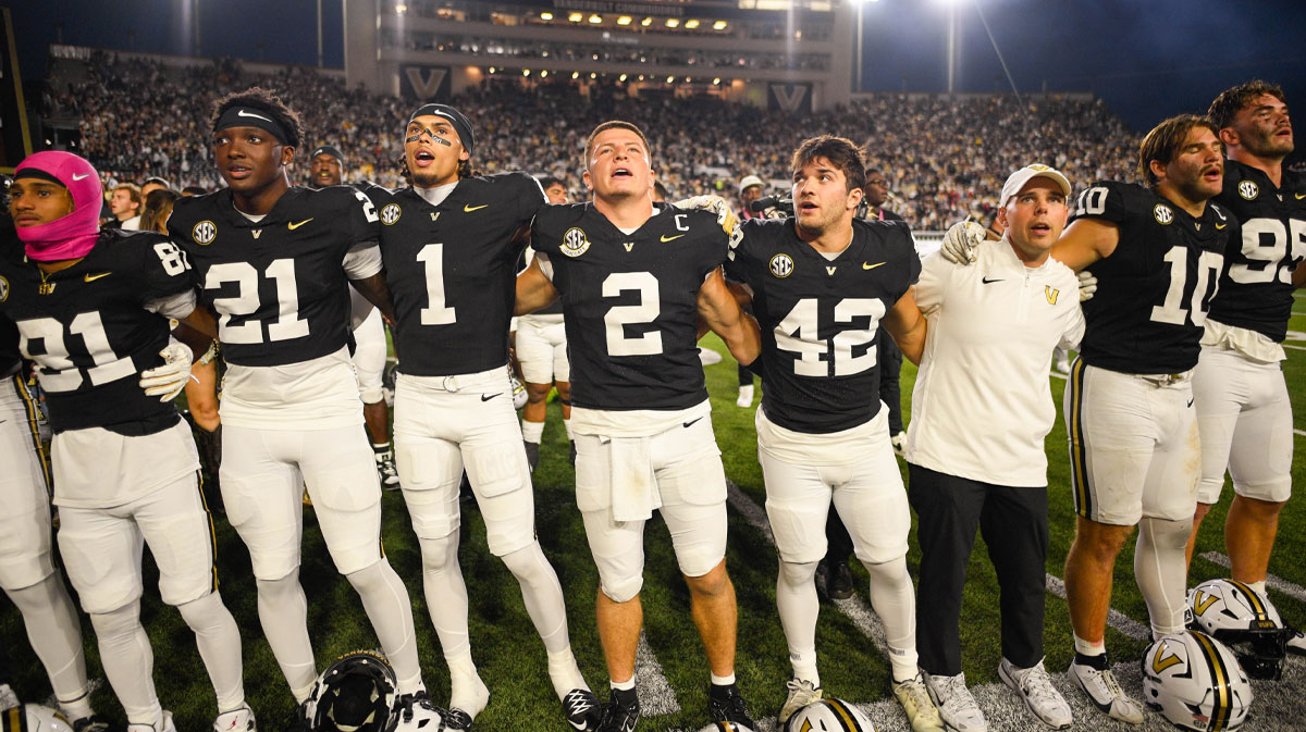 Vanderbilt Commodores quarterback Diego Pavia (2) celebrates the win with his teammates against the Missouri Tigers during the second half at FirstBank Stadium.