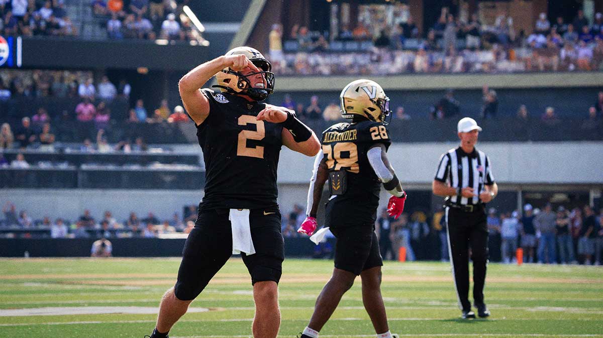 Vanderbilt quarterback Diego Pavia (2) celebrates during the game between Vanderbilt University and Louisiana State University.