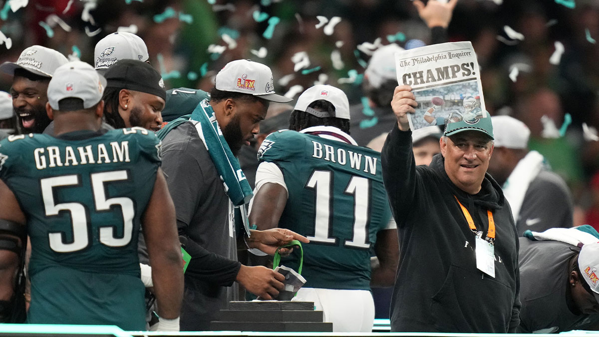 Philadelphia Eagles defensive coordinator Vic Fangio reacts after defeating the Kansas City Chiefs in Super Bowl LIX at Caesars Superdome.