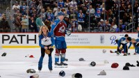 Colorado Avalanche left wing Victor Olofsson (95) skates to the bench after his hat trick goal in the third period against the New Jersey Devils at Ball Arena.