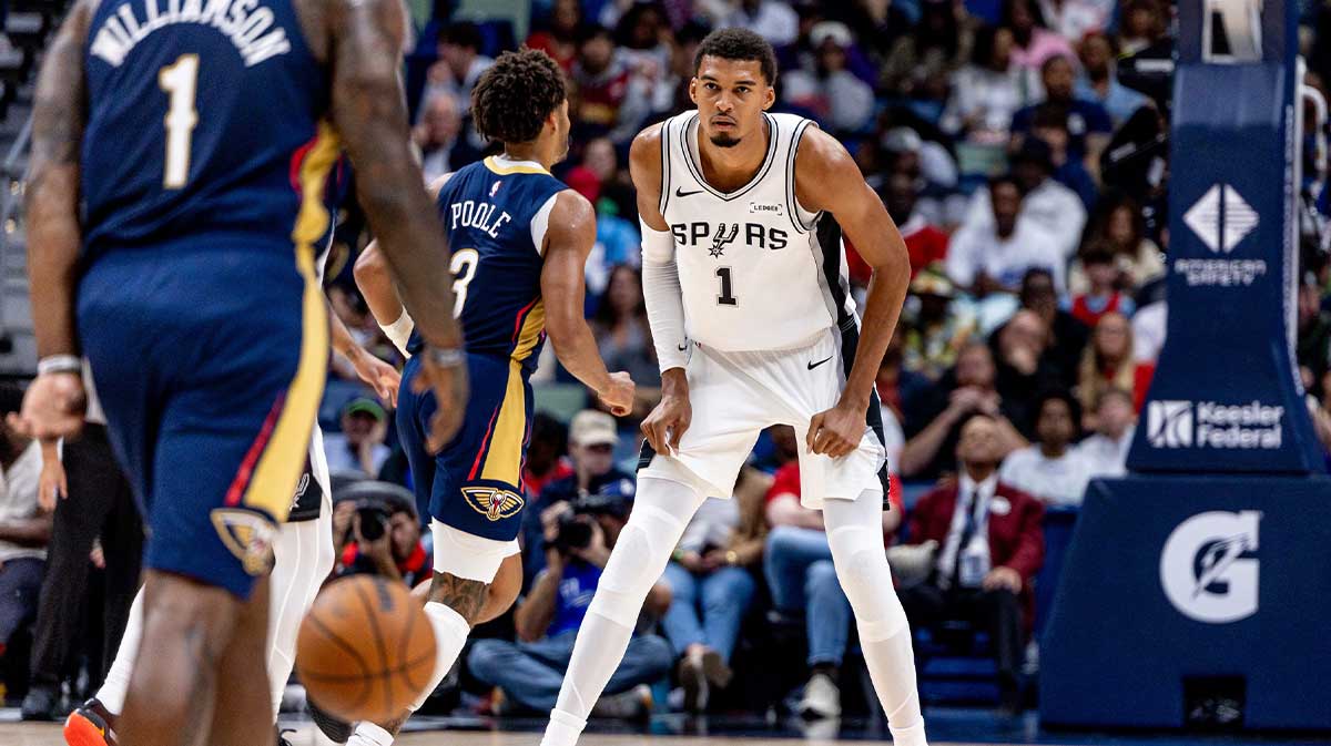 San Antonio Spurs forward/center Victor Wembanyama (1) looks on against the New Orleans Pelicans during the first half at Smoothie King Center.