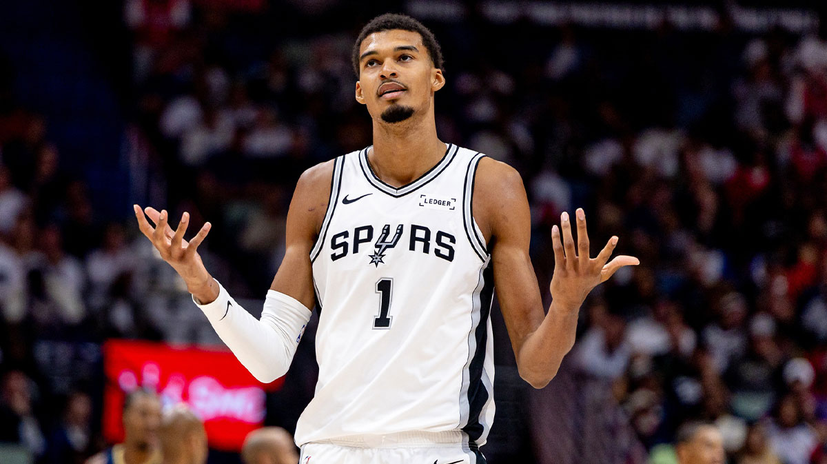 San Antonio Spurs forward/center Victor Wembanyama (1) reacts to being fouled by New Orleans Pelicans center Derik Queen (not pictured) during the second half at Smoothie King Center.