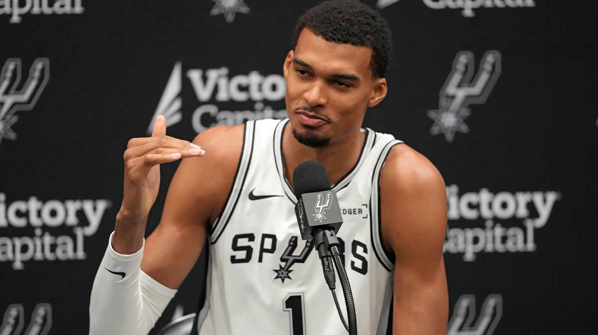 San Antonio Spurs forward-center Victor Wembanyama (1) answers questions from the media during Media Day at Victory Capital Performance Center in San Antonio.