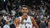 San Antonio Spurs forward Victor Wembanyama (1) talks to the Spurs fans after the game against the Brooklyn Nets at Frost Bank Center. Mandatory Credit: Daniel Dunn-Imagn Images