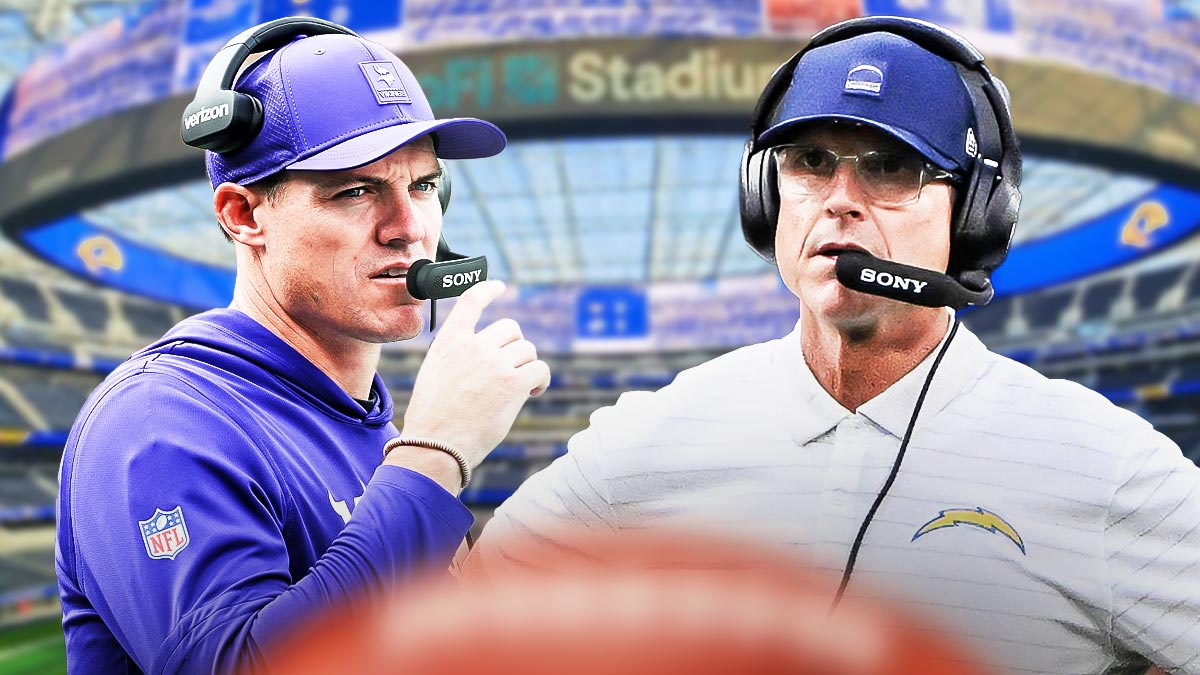 Kevin O'Connell and Jim Harbaugh in front of SoFi Stadium.