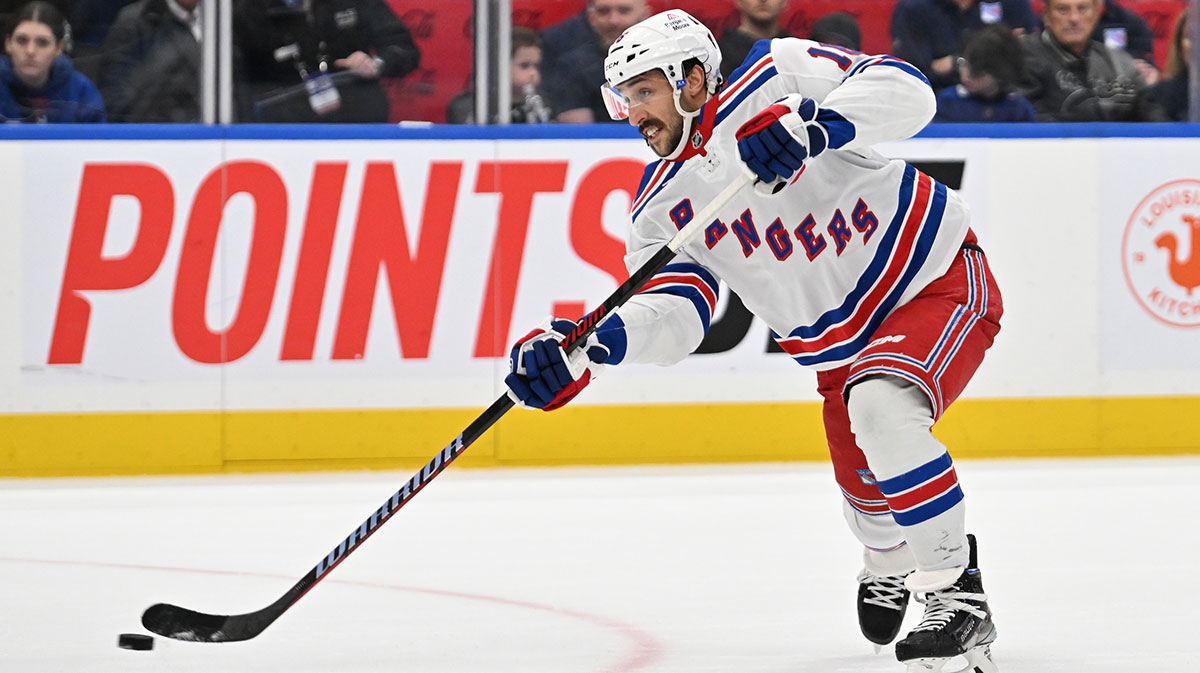 New York Rangers forward Vincent Trochek (16) shoots the puck against the Toronto Maple Leafs in overtime at Scotiabank Arena.