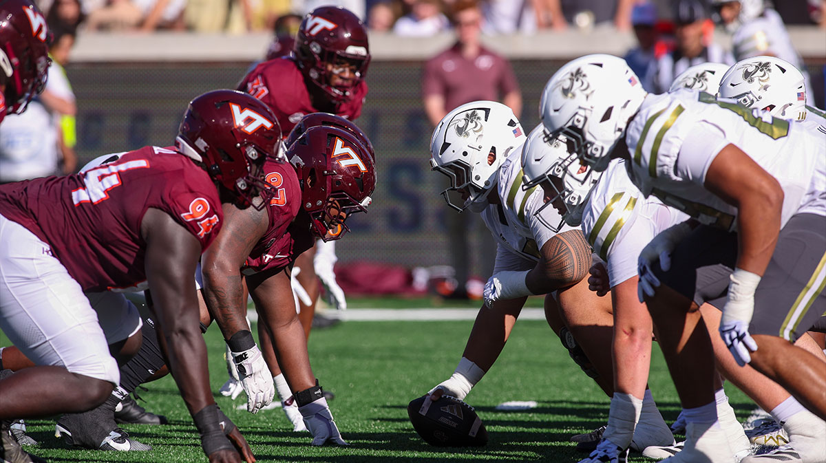 A general view of the line of scrimmage during a game between the Virginia Tech Hokies and Georgia Tech Yellow Jackets in the second quarter at Bobby Dodd Stadium at Hyundai Field.