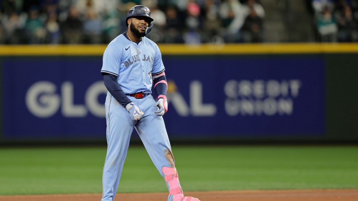 Toronto Blue Jays first baseman Vladimir Guerrero Jr. (27) doubles in the eighth inning against the Seattle Mariners during game three of the ALCS round for the 2025 MLB playoffs at T-Mobile Park.