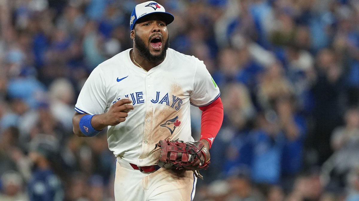 Toronto Blue Jays first baseman Vladimir Guerrero Jr. (27) reacts after the eighth inning against the Seattle Mariners during game seven of the ALCS round for the 2025 MLB playoffs at Rogers Centre.