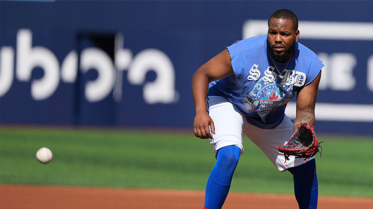 Toronto Blue Jays first baseman Vladimir Guerrero Jr. (27) warms up before game one New York Yankees in the ALDS round for the 2025 MLB playoffs at Rogers Centre. 
