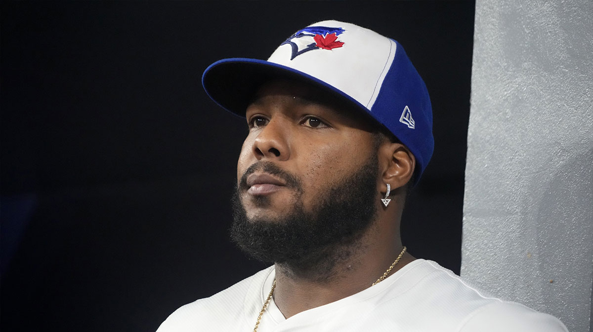 Toronto Blue Jays first baseman Vladimir Guerrero Jr. (27) looks on before game seven against the Seattle Mariners in the ALCS round for the 2025 MLB playoffs at Rogers Centre.