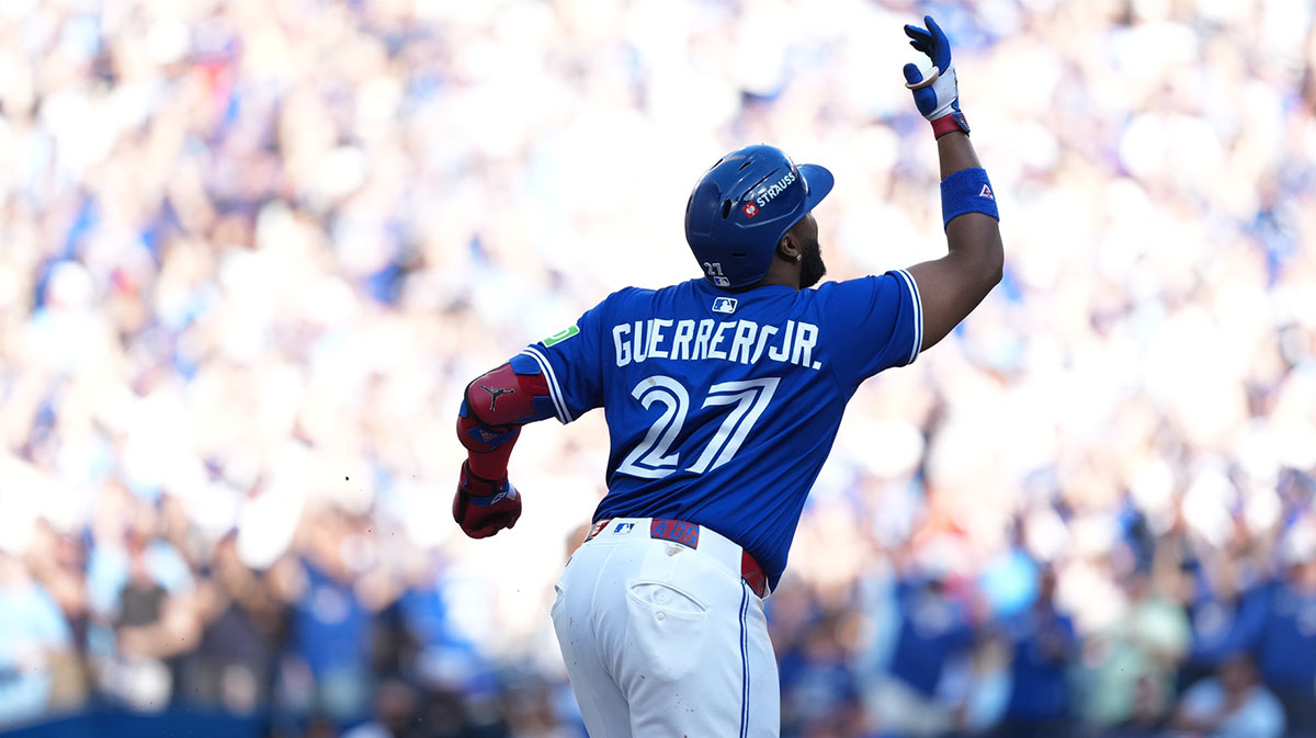 Toronto Blue Jays first baseman Vladimir Guerrero Jr. (27) celebrates after hitting a home run in the first inning against the New York Yankees during game one of the ALDS round for the 2025 MLB playoffs at Rogers Centre.