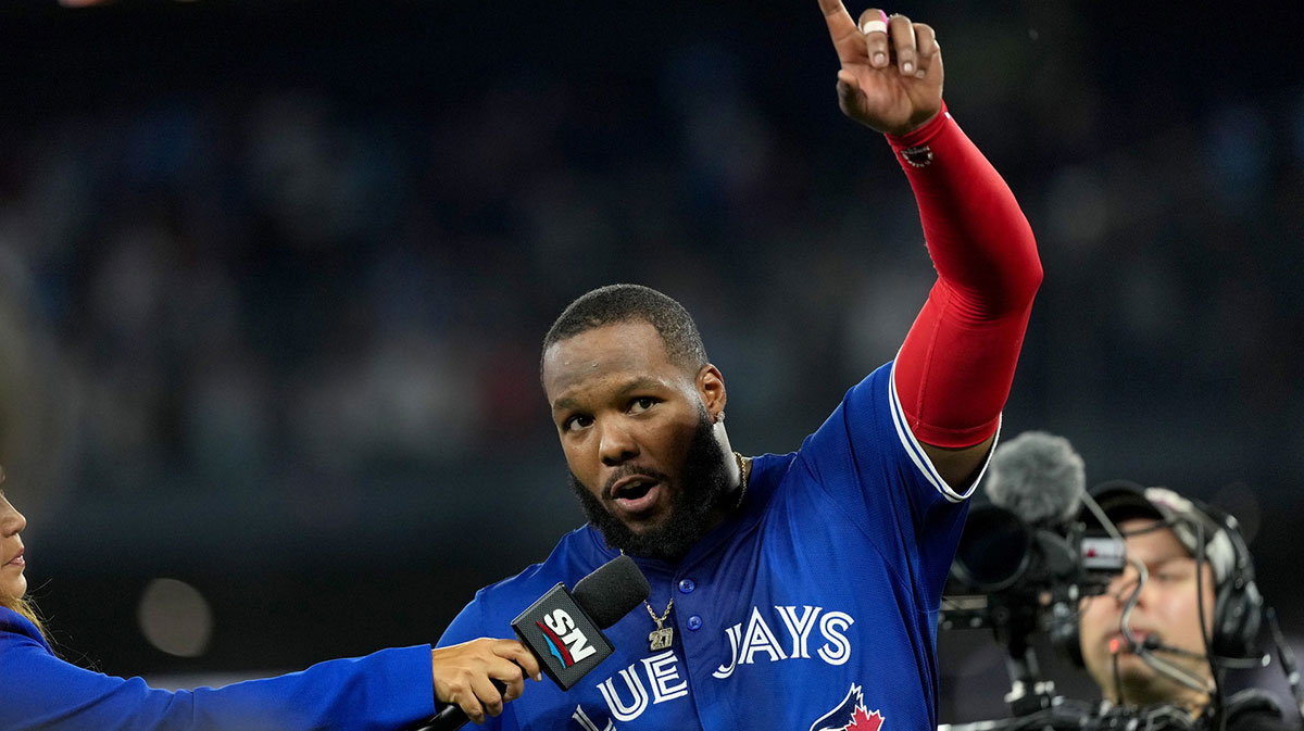 Toronto Blue Jays first baseman Vladimir Guerrero Jr. (27) celebrates after winning game one of the ALDS against the New York Yankees for the 2025 MLB playoffs at Rogers Centre.